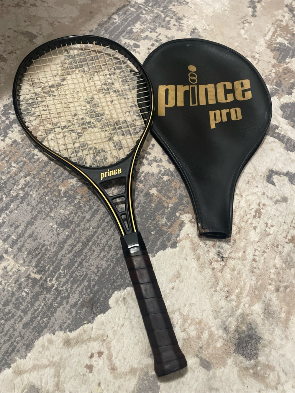 Vintage 1983 Prince Black and Gold Tennis Racket with Matching Cover